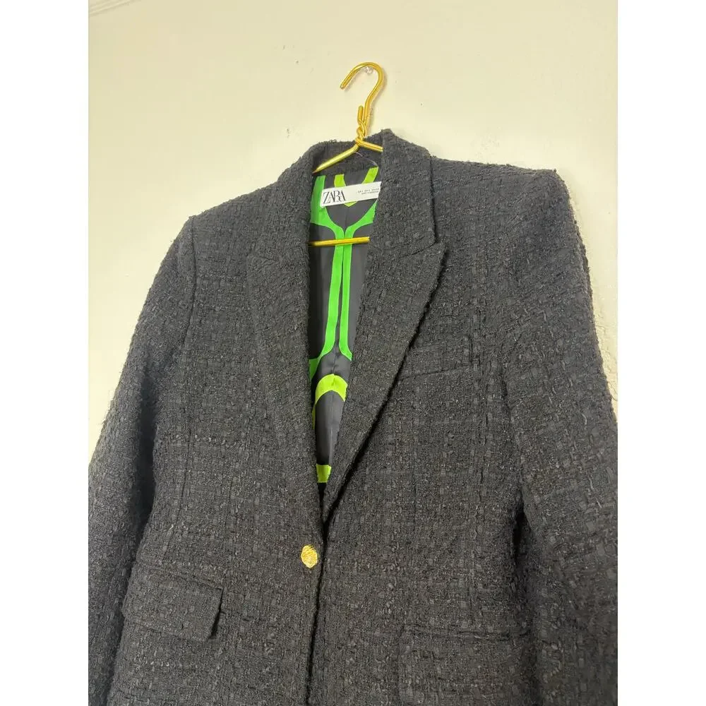 Zara Black Textured Tweed Blazer Size Large Oversized Chic Quiet Luxury Office